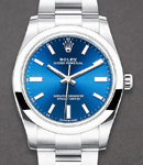 Oyster Perpetual 34mm in Steel with Smooth Bezel on Oyster Bracelet with Blue Stick Dial