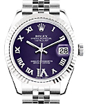 Mid Size 31mm Datejust in Steel with Fluted Bezel  on Bracelet with Purple Roman Dial with Diamond VI