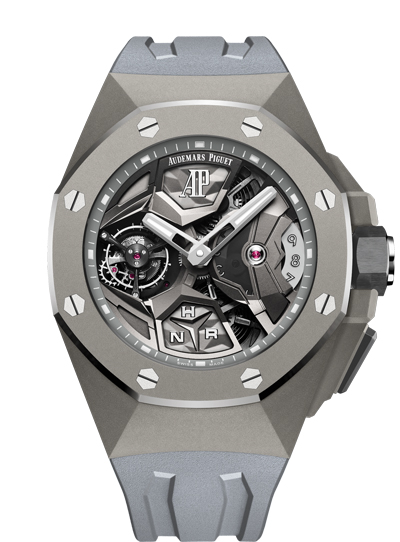 Royal Oak Concept GMT Tourbillon in Titanium with Ceramic Bezel on Grey Rubber Strap with Grey Skeleton Dial