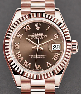 Ladies Datejust 28mm in Rose Gold with Fluted Bezel on President Bracelet with Chocolate Roman Dial