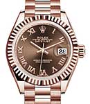 Ladies Datejust 28mm in Rose Gold with Fluted Bezel on President Bracelet with Chocolate Roman Dial