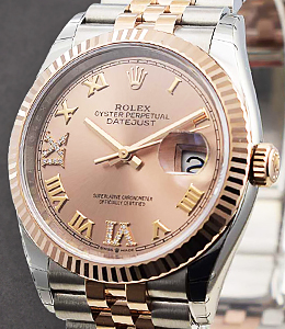 Datejust 36mm in Steel with Rose Gold Fluted Bezel on Jubilee Bracelet with Pink Roman Dial with Diamonds on 6 & 9