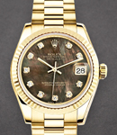 Midsize 31mm President in Yellow Gold with Fluted Bezel on President Bracelet with Black MOP Diamond Dial