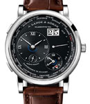 Lange 1 Timezone Mechanical in White Gold on Brown Crocodile Leather Strap with Black Dial