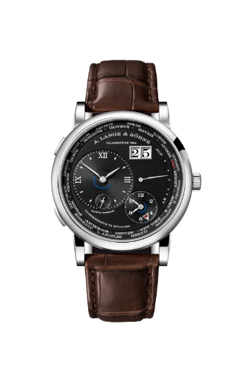 Lange 1 Timezone Mechanical in White Gold on Brown Crocodile Leather Strap with Black Dial