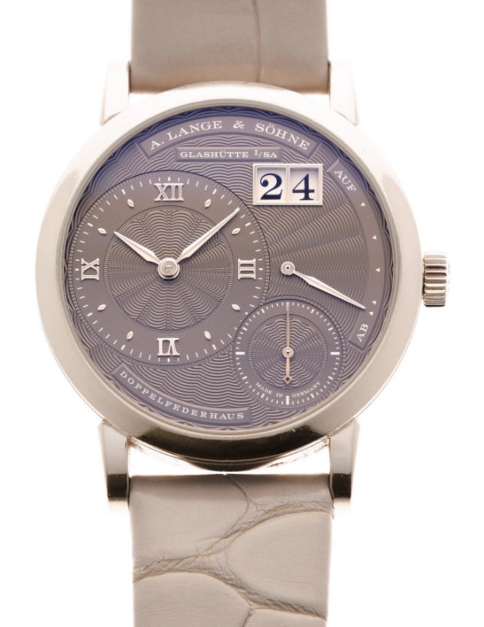 Little Lange 1 in White Gold on Grey Crocodile Leather Strap with Grey Guilloched Dial