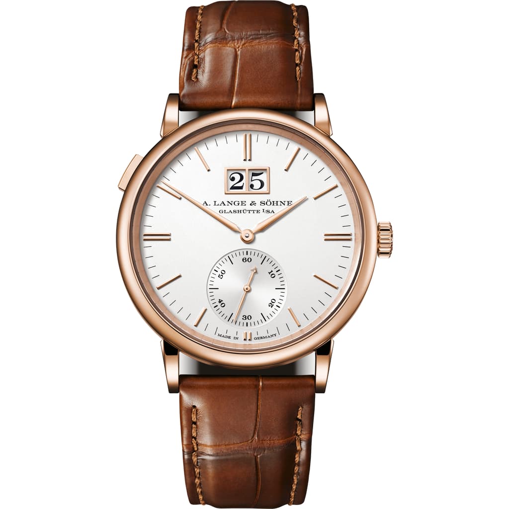 Saxonia Outsize Date in Rose Gold on Brown Crocodile Leather Strap with Silver Dial