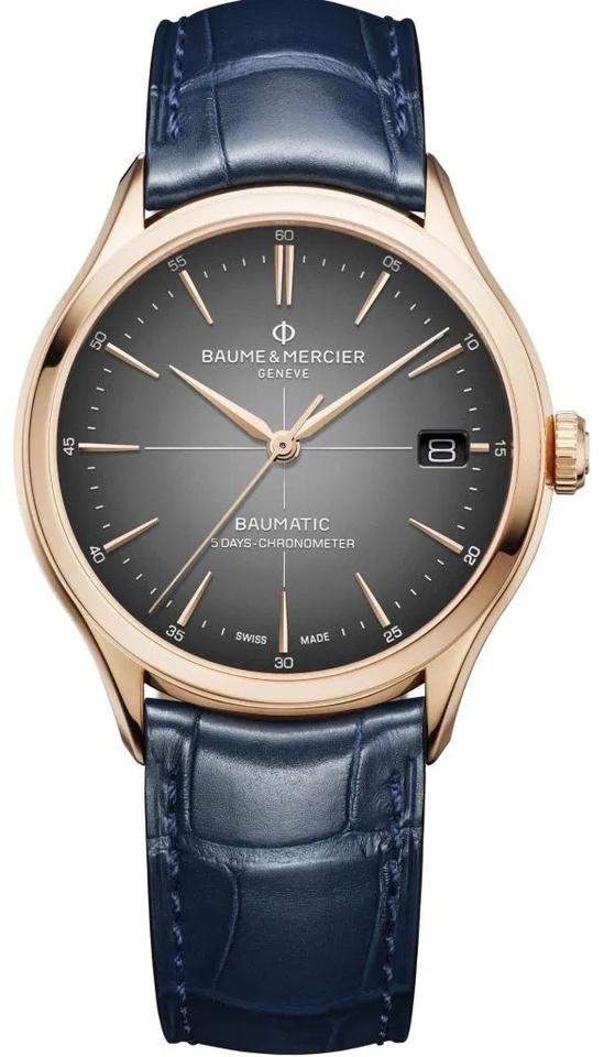 Clifton Baumatic 39mm in Rose Gold on Blue Alligator Leather Strap with Grey Dial