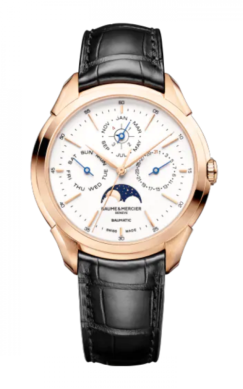 Clifton Baumatic 42mm Moon Phase in Rose Gold on Black Alligator Leather Strap with White Dial