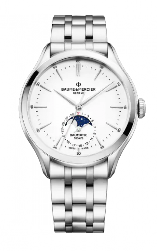 Clifton Baumatic 42mm Moon Phase in Steel on Steel Bracelet with White Dial