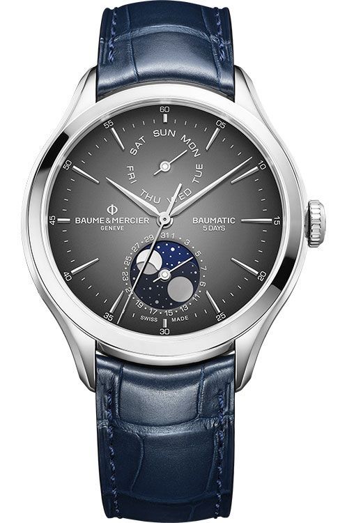 Clifton Baumatic Day Date Moonphase in Steel on Blue Crocodile Leather Strap with Grey Dial