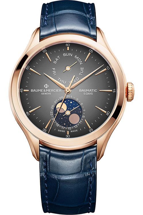 Clifton Baumatic Day Date Moonphase in Rose Gold on Blue Crocodile Leather Strap with Grey Dial