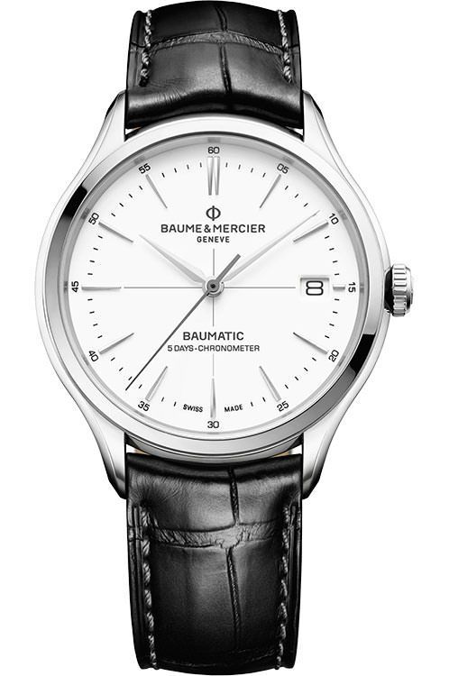 Clifton Baumatic Date 40mm in Steel On Black Crocodile Leather Strap with White Dial