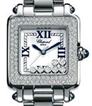 Happy Sport Square 27mm in White Gold with 2 Row Diamond Bezel on White Gold Bracelet with White Dial - 7 Floating Diamonds