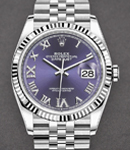 Datejust 36mm in Steel with White Gold Fluted Bezel on Jubilee Bracelet with Purple Roman Dial - Diamonds on 6 & 9