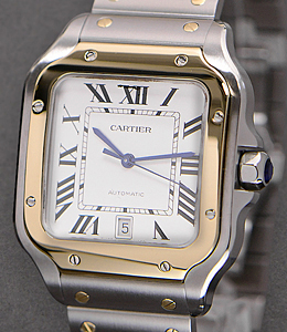 Santos de Cartier 39.8mm in Steel with Yellow Gold Bezel on Steel and Yellow Gold Bracelet with Silver Roman Dial