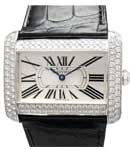 Tank Divan White Gold with Diamond Bezel On Black Leather Strap with Silver Roman Dial