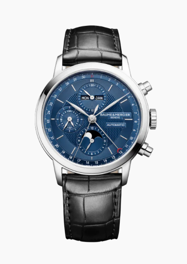 Classima Calendar Chronograph 42mm in Steel on Black Crocodile Leather Strap with Blue Dial