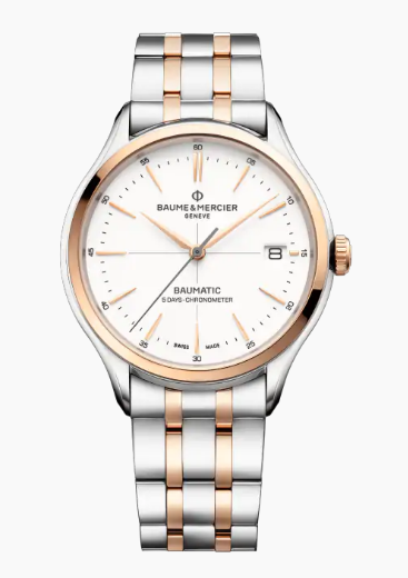Clifton Baumatic Date 40mm in Steel and Rose Gold Bezel on Steel and Rose Gold Bracelet with White Dial