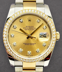 Datejust 36mm in Steel with Yellow Gold Diamond Bezel on Oyster Bracelet with Champagne Diamond Dial
