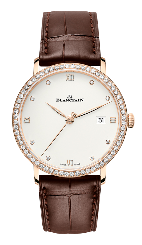 Villeret Ultraplate 38mm in Rose Gold with Diamond Bezel On Brown Crocodile Leather Strap with Ivory Diamond Dial