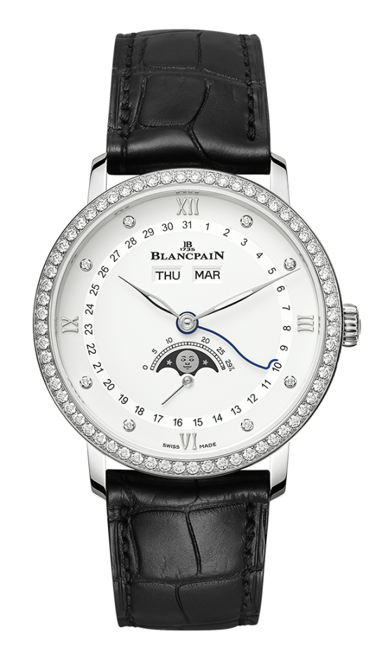 Villeret Quantieme Complet 38mm in Steel with Diamond Bezel on Black Crocodile Leather Strap with White Diamond Dial
