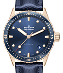 Fifty Fathoms Bathyscaphe 43mm in Rose Gold with Blue Ceramic Bezel On Blue Canvas Strap with Blue Dial