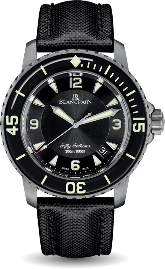 Fifty Fathoms Automatic in Titanium with Black Ceramic Bezel on Black Sail Canvass Strap with Black Dial