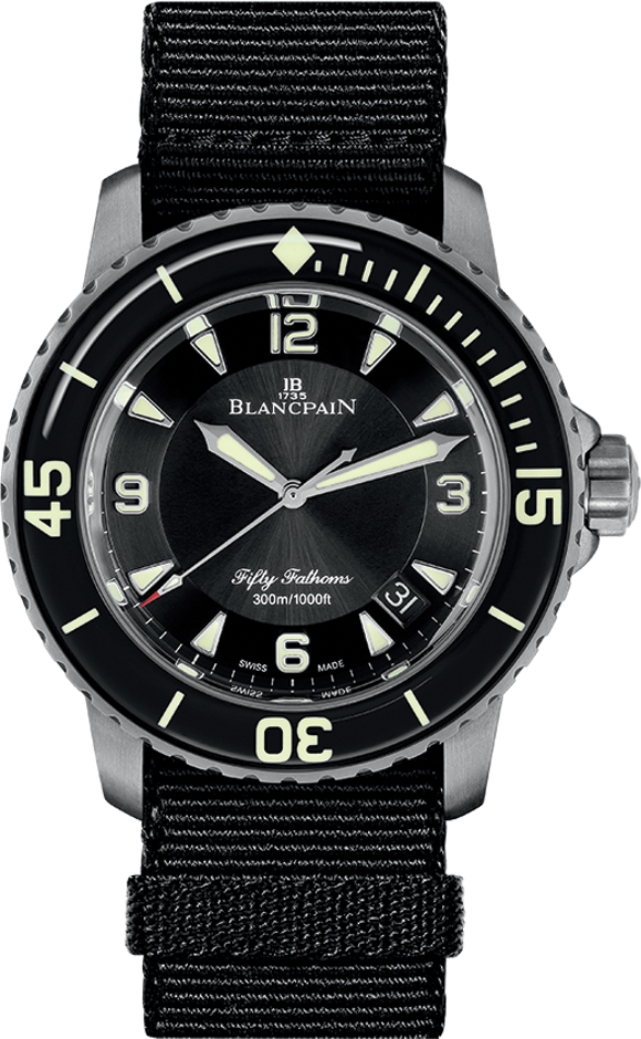 Fifty Fathoms Automatic in Titanium with Black Ceramic Bezel on Black Nato Canvass Strap with Black Dial