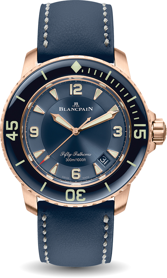 Fifty Fathoms Automatic in Rose Gold with Blue Ceramic Bezel on Blue Leather Strap with Blue Dial