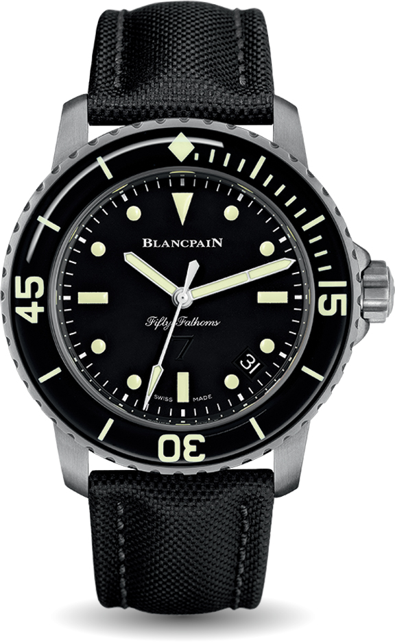 Fifty Fathoms 45mm Combat Swimmers in Steel with Black Ceramic Bezel on Black Sail Canvas Strap with Black Dial