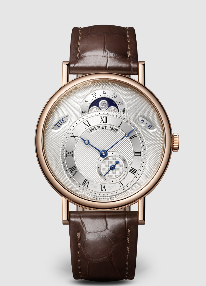 Classique Moonphase with Day Date 39mm in Rose Gold on Brown Crocodile Leather with Silver Dial