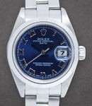 Ladies 26mm Date in Steel with Smooth Bezel on Oyster Bracelet with Blue Roman Dial