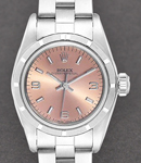 Oyster Perpetual 26mm Automatic in Steel with Engine Turned Bezel on Steel Oyster Bracelet with Pink Stick & Arabic Dial