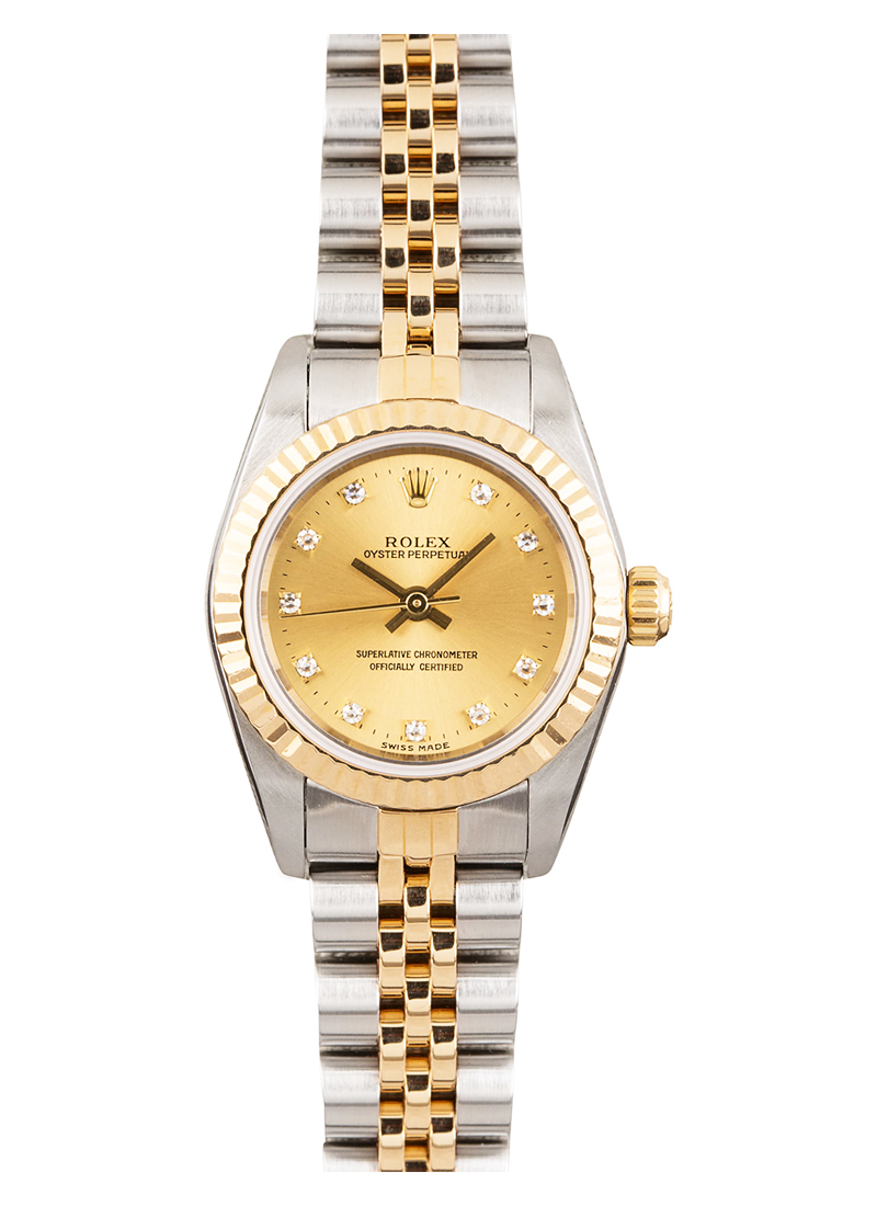 Pre-Owned Rolex Oyster Perpetual No Date 26mm in Steel with Yellow Gold Fluted Bezel