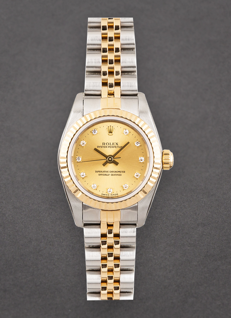 Pre-Owned Rolex Oyster Perpetual No Date 26mm in Steel with Yellow Gold Fluted Bezel