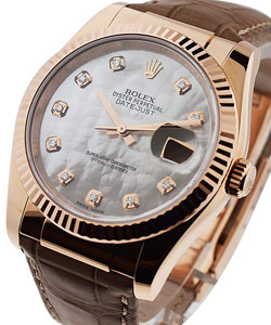 Datejust 36mm in Rose Gold with Fluted Bezel on Brown Crocodile Leather Strap with MOP Diamond Dial