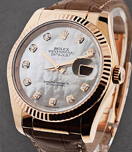 Datejust 36mm in Rose Gold with Fluted Bezel on Brown Crocodile Leather Strap with MOP Diamond Dial