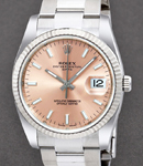 Date 34mm in Steel with Fluted Bezel on Oyster Bracelet with Pink Stick Dial