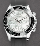 Daytona Rolex Movement in White Gold with Black Bezel on Black Rubber Strap with MOP Diamond Dial