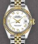 Datejust Ladies 28mm in Steel with Yellow Gold Fluted Bezel on Jubilee Bracelet with White Roman Dial