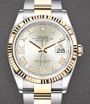 36mm Datejust in Steel with Yellow Gold Fluted Bezel on Oyster Bracelet with Silver Roman Dial with Diamond VI & iX