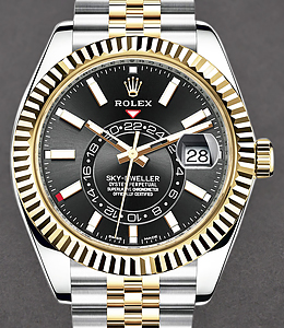 Sky Dweller 42mm in Yellow Gold with Fluted Bezel on Jubilee Bracelet with Black Index Dial