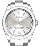 Mid Size Oyster Perpetual in Steel with Smooth Bezel on Oyster Bracelet with Silver Arabic and Blue Stick Dial