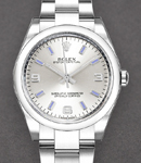 Mid Size Oyster Perpetual in Steel with Smooth Bezel on Oyster Bracelet with Silver Arabic and Blue Stick Dial