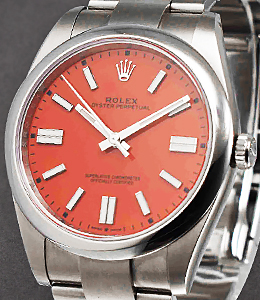 Oyster Perpetual 41mm with Coral Dial on Oyster Bracelet with Red Stick Dial