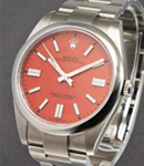 Oyster Perpetual 41mm with Coral Dial on Oyster Bracelet with Red Stick Dial