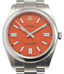 Oyster Perpetual 41mm with Coral Dial on Oyster Bracelet with Red Stick Dial