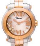 Happy Sport Round 30mm in Steel with Rose Gold Bezel on Bracelet with MOP Dial - 5 Floating Diamond