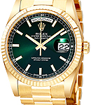 President Day Date 36mm in Yellow Gold with Fluted Bezel on Oyster Bracelet with Green Stick Dial